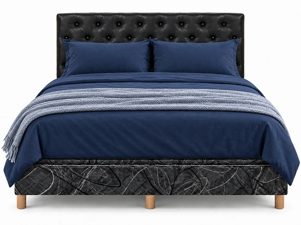 Cama tapizada con cabecera negra y colchón en medida Queen