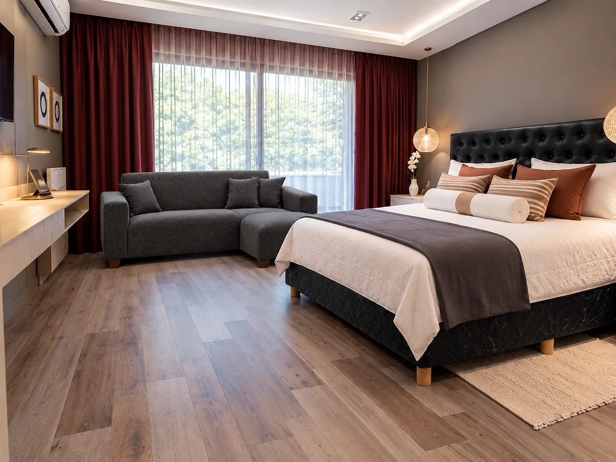 Un dormitorio con un sillón gris y un sommier vestido en tonos neutros